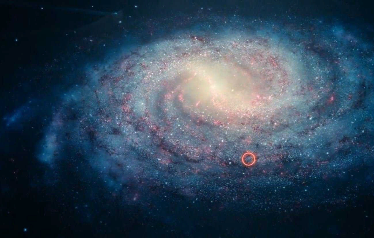Красным кругом обведено место Солнца в нашей галактике Млечный путь