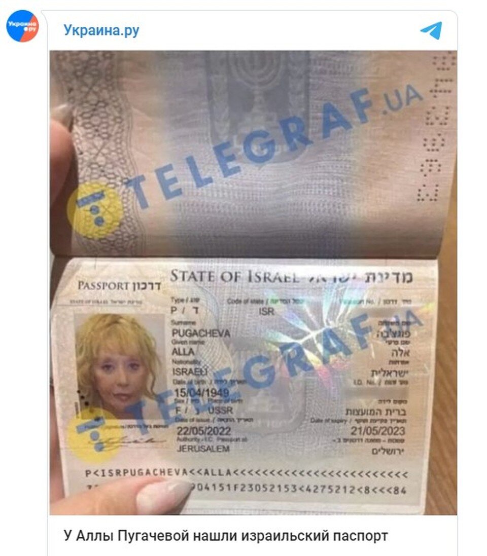     В Интернет выложили фото израильского паспорта Пугачевой. Фото: соцсети.