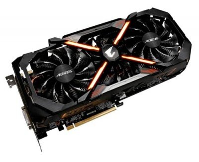 GIGABYTE GEFORCE GTX 1080 TI 
Самая мощная игровая видеокарта в мире 
Страна: США (производится в Китае) 
Средняя цена: 76 990 ₽ 
Рейтинг (2018): 4.9                                              Процессор работает на частоте 1569 МГц, но в режиме Boost показатель может возрастать до 1683 МГц). Видеопамяти хоть лопатой греби – 11 Гб при шине в 352 бит.