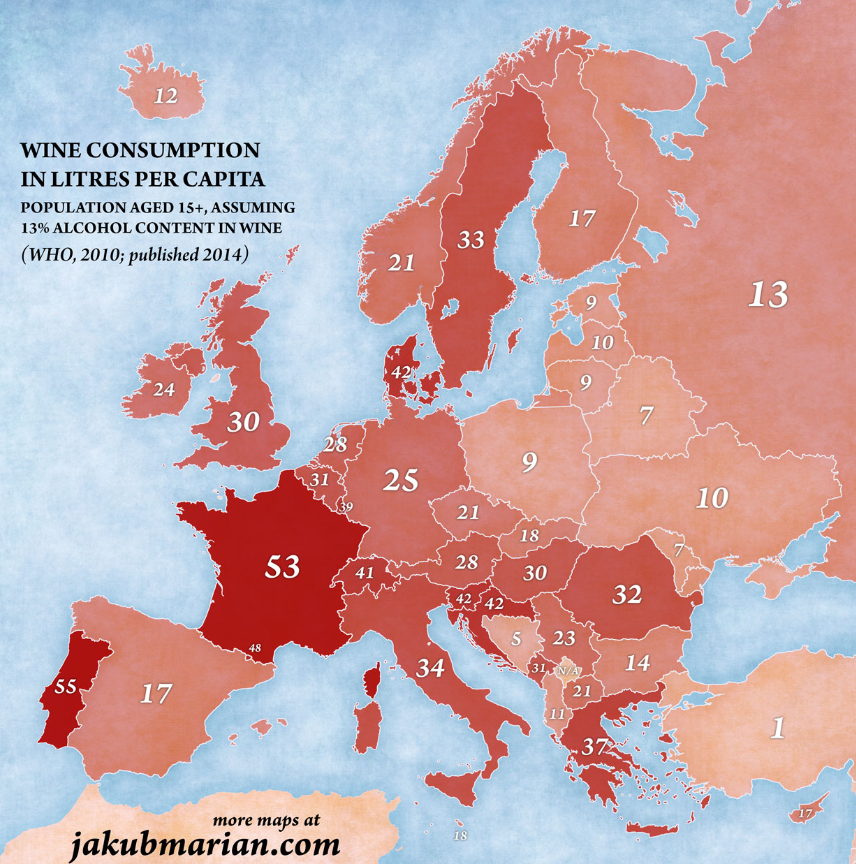 Количество литров вина, выпиваемого в год. Карта предоставлена сервисом jakubmarian.com