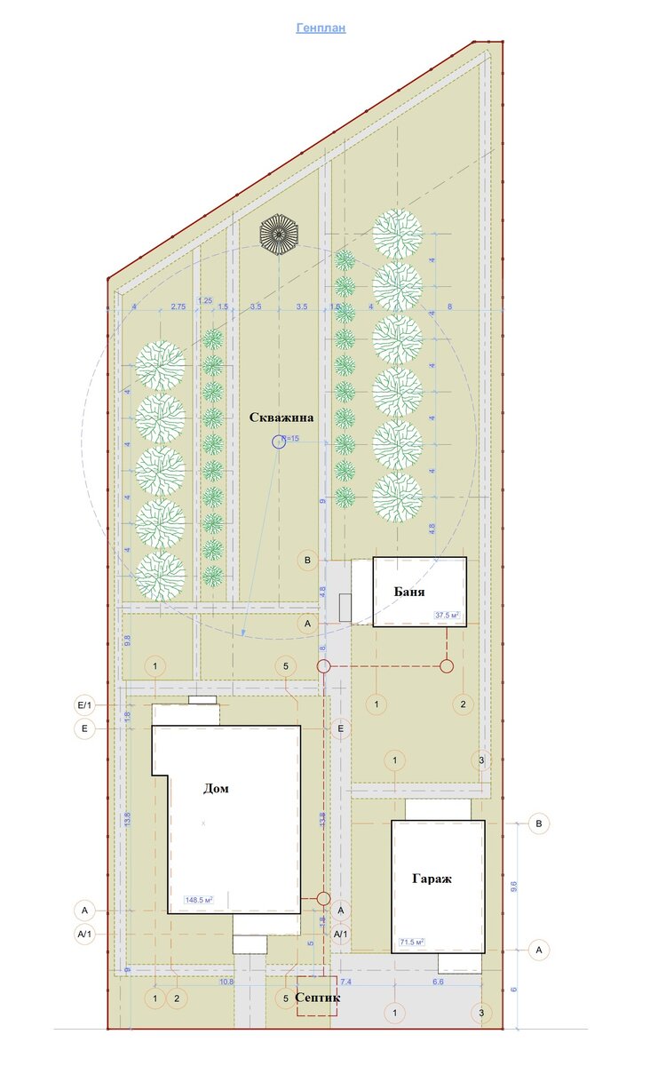 Схема относительно удачного расположения скважины на участке. Скважина равноудалена от соседей слева и справа, соседей сверху нет. до септика 30 метров.