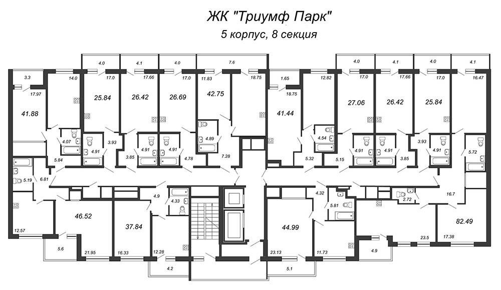 г. Санкт-Петербург, Московский район, ЖК Триумф Парк - на плане этажа пример секции с многочисленными квартирами студиями и 1 комнатными по соседству с Евро двушкой.