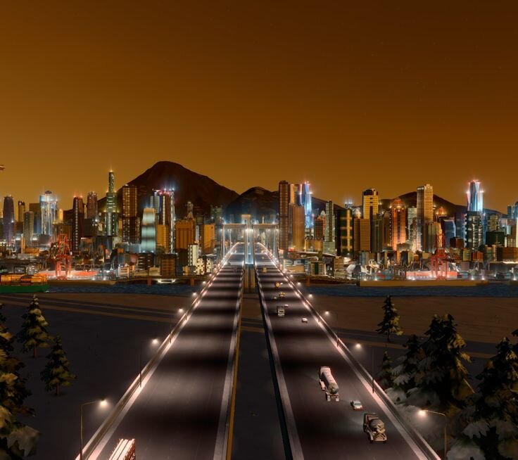 Cities: Skylines с дополнением "After Dark", которое добавляет смену дня и ночи. (Взято из Яндекса)