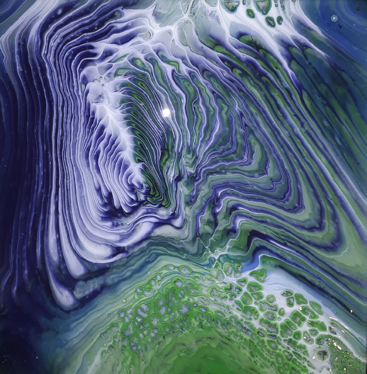 Много мелких ячеек на зеленом фоне. ПВА+вода.