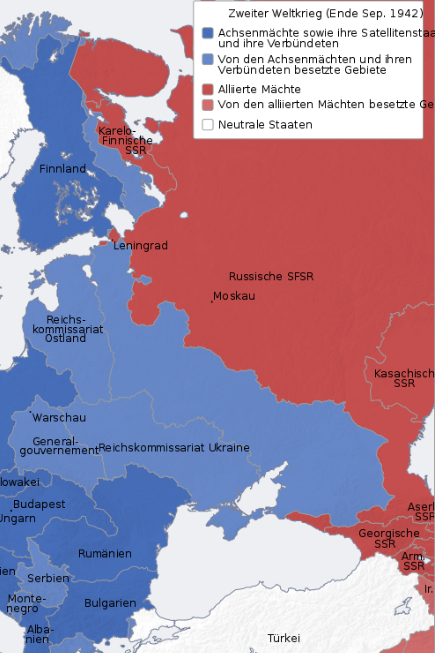 Синим цветом - территория, оккупированная немцами к концу сентября 1942 г. Источник: https://ru.wikipedia.org/wiki/Оккупация_территории_СССР_войсками_Третьего_рейха_и_его_союзников#/media/Файл:Second_World_War_Europe_09_1942_de.svg