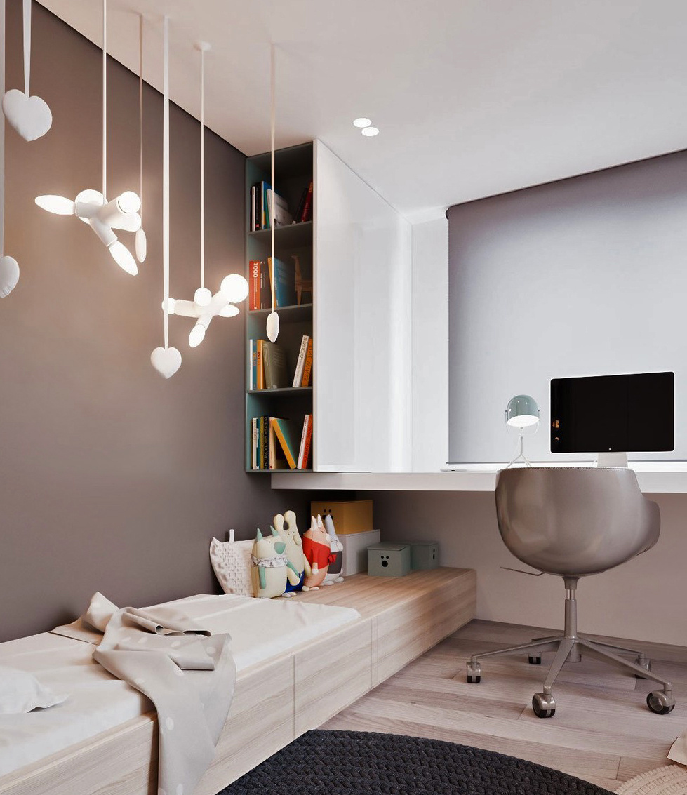 На потолке используются точечные светильники, настольная лампа для подсветки рабочего стола, стилизованные подвесные светильники над кроватью.