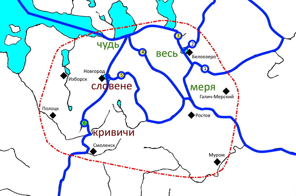 Условная граница государства Рюрика и земли населявших его племен.