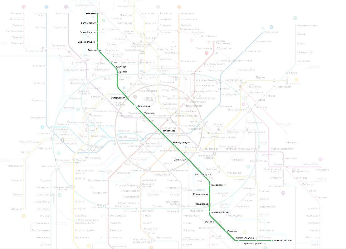 Замоскворецкая линия на схеме московского метро. Портал Яндекс.Метро.