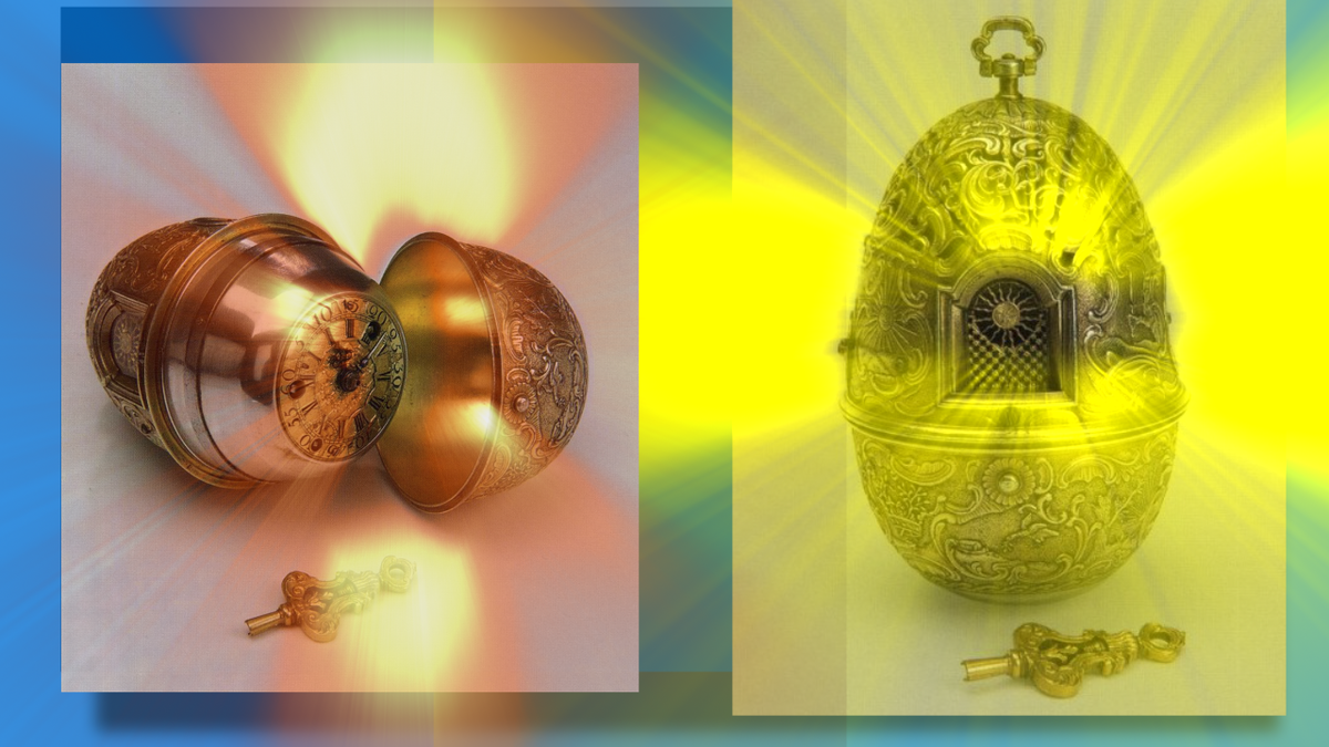 В яйце  427 частей. Оно размером с гусиное.
Показывает время и имеет колокол для отбивки часов
В полдень часы играют кантату, посвященную Екатерине и сочиненную самим Кулибиным