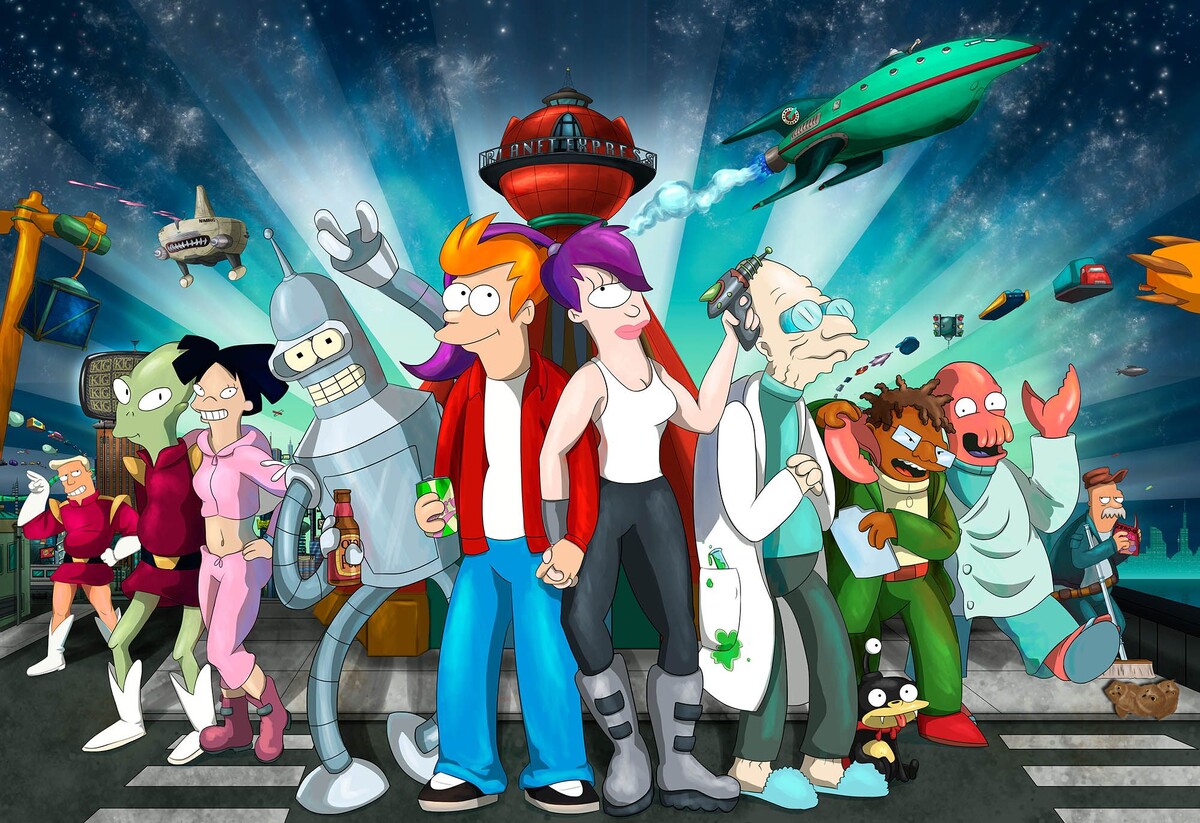 Яндекс.картинки /Слева направо: Зэп Браниган, Киф, Эми, Бендер, Фрай, Лила, профессор, Гермес, Зойдберг и Скраффи