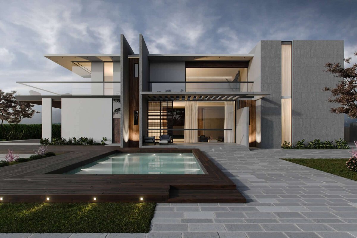 Источник: https://www.ronenbekerman.com/showcase/modern-villa-exterior-3dvisualization-by-archicgi/3d-max-realistic-render-house-exterior/