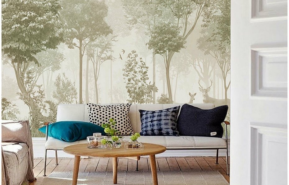 Фотообои с рисунком леса в интерьере