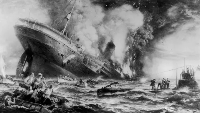 Иллюстрация потопления «Лузитании» немецкой подводной лодкой в ​​1915 году. В результате трагедии погибли 128 американских граждан, что помогло втянуть США в Первую мировую войну.