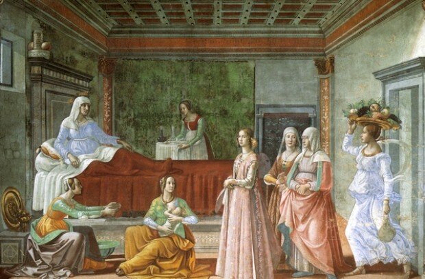Рождество Иоанна Крестителя. Фреска капеллы Торнабуони (c 1486-90), Флоренция. Работа художника Доменико Гирландайо