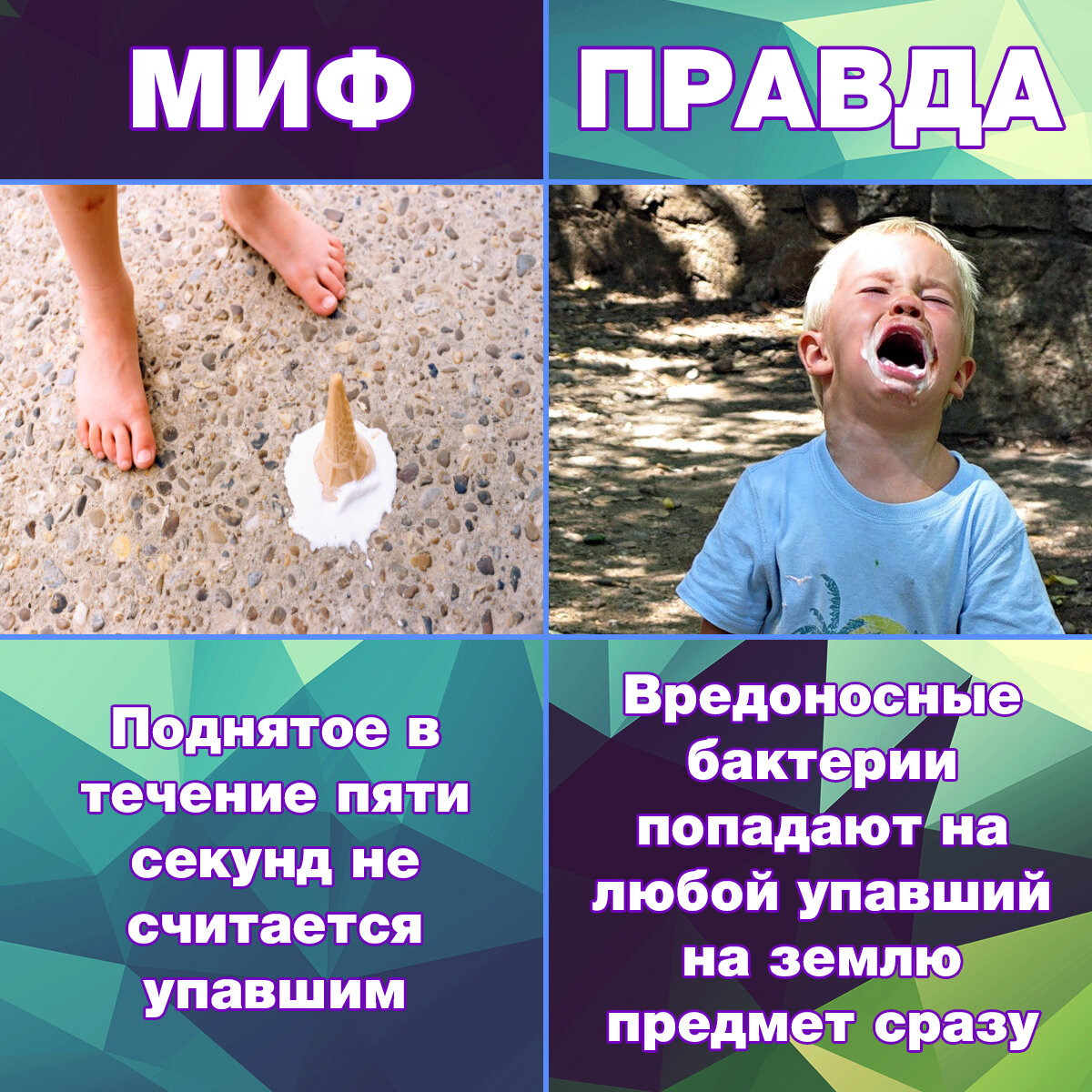 Проведённые исследования показывают, что 5 секунд оказывается более чем достаточно для перехода бактерий на еду несмотря даже на небольшое их количество на полу.
