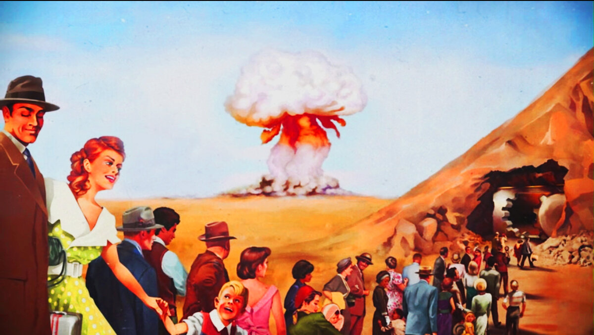 Чему улыбается парочка, последняя в очереди на фоне ядерного взрыва? Источник изображения по материалам falloutshelter.com