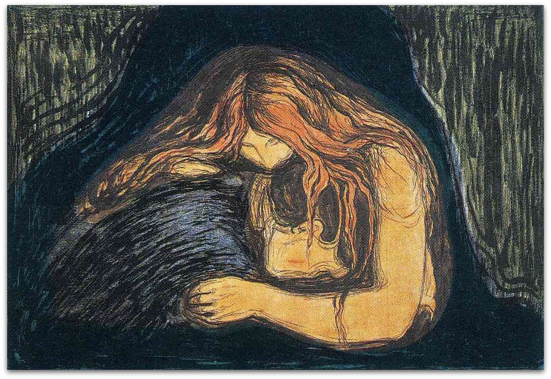 "Вампир." "Сломленный мужчина и его лицо и шея в укусах вампира...Есть что-то пугающе тихое, бесстрастное в этой картине, безграничный и безропотный фатализм. Неспособный к сопротивлению, беспомощный , мужчина снова и снова ввергает себя в бездну, не сопротивляясь, как упал бы туда камень. Несмотря на это, он не может избавить себя от вампира, от боли, и женщина будет сидеть так всё время, и будет вечность жалить его тысячей змеиных языков, тысячей ядовитых клыков." Станислав Пшибышевский 1894г.