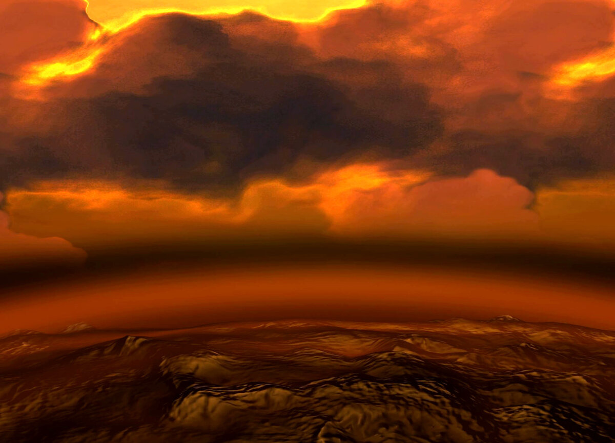 Плотная атмосфера Венеры из углекислого газа создаёт огромное давление на поверхности – в 90 раз большее, чем на Земле. Фото: ESA