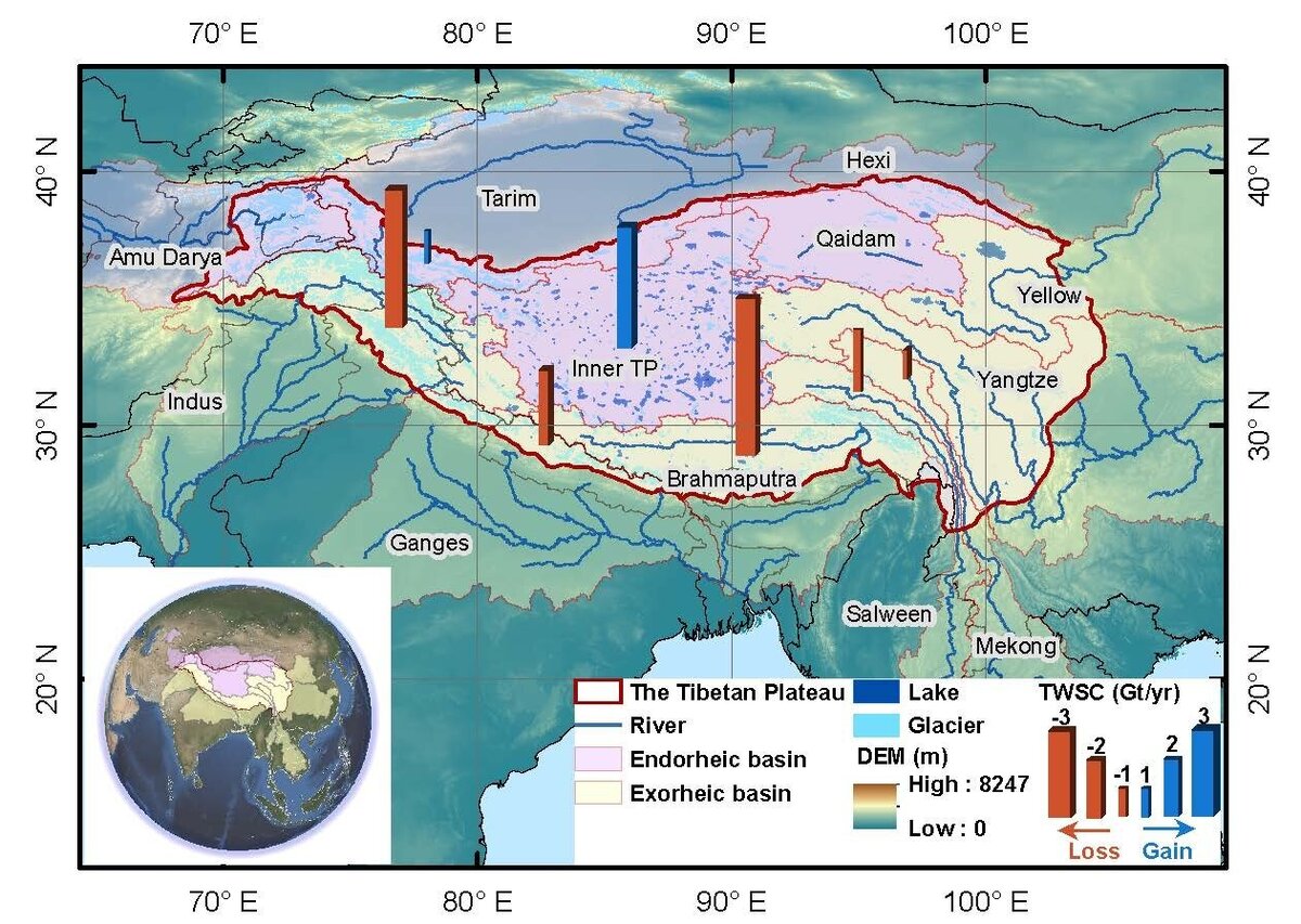    Бассейны Тибета. Наиболее угрожаемые регионы - на западе и на юге нагорьяPenn State, Tsinghua University
