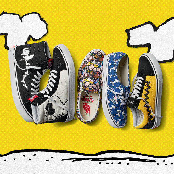 Ассортимент обуви представлен всеми классическими моделями Vans: Old Skool, Slip-On, Sk8-Hi и Authentic. Одни из Old Skool посвящены памятному образу Чарли Брауна: боковая сторона частично выполнена в желтом цвете, а типичный для Vans Sidestripe напоминает нарисованную от руки полоску на рубашке главного героя. Также на них присутствует фраза «Good Grief» – по слову на правом и левом язычке. В другой вариации Old Skool представлен эксклюзивный принт, на котором Снупи катается на скейте, и, если присмотреться, можно заметить, что он держит в руках шахматную доску с нарисованной собачьей миской. Все герои Peanuts, включая Лайнуса (Linus), Люси (Lucy), Пигпена (Pig Pen) и других, изображены в сплошном коллаже на модели Slip-On.
 
Герой Джо Кул (Joe Cool), альтер-эго Снупи, появляется в модели Sk8-Hi Reissue. Его же и «крутого» Вудстока (Woodstock) можно увидеть на боковых сторонах монохромных хай-топов. Еще один вариант кед Sk8-Hi Reissue в этой капсульной коллекции выглядит так: на одной стороне модели Снупи спит на логотипе-волне из косточек для собак, на другой – в полете запечатлен его лучший друг Вудсток.
Мужской ассортимент предлагает лимитированное количество одежды и аксессуаров с героями Peanuts на традиционных силуэтах Vans: футболках с коротким рукавом и куртке Coach. Персонажи комикса появляются также на головных уборах, рюкзаках и носках.
 
Специальная капсульная линейка обуви была разработана и для девушек. Например, на модели Slip-On влюбленный Снупи пытается поцеловать Люси, а на задней стороне можно обнаружить Снупи со смущенным Чарли Брауном. Любовную тему также продолжают многочисленные принты в виде поцелуев Снупи на модели Old Skool. Полностью разрисованные Authentic посвящены Вудстоку. Модель Sk8-Hi Moc, на которой изобразили конуру и игру Чарли Брауна со Снупи, завершает ассортимент обуви для девушек.
 
В женской коллекции можно также найти одежду и аксессуары, которые объединяют скейтерское наследие Vans с классическими силуэтами и героев Peanuts с графикой на платьях, футболках и куртках. И ни одна коллекция не будет полной без соответствующих аксессуаров: рюкзаков, кепок и носков.
Коллекция обуви Vans x Peanuts доступна даже для маленьких фанатов: специальные модели разработаны для детей от 5 лет. На силуэте Sk8-Hi Zip изображен Джо Кул, на Slip-On – целующий Снупи, а на Authentic – он же на скейте. На еще одних Slip-On появляется банда Peanuts в полном составе. Эксклюзивный дизайн Flying Ace, где Снупи выступает против Красного Барона, будет доступен только для детей в модели Sk8-Mid Reissue V.
 
9 июня 2017 года полноценная коллекция Vans x Peanuts будет доступна для мужчин, женщин и детей во всех российских магазинах Vans. 
 
Вечеринка в честь старта продаж состоится 9 июня в 19:00 в магазине DRoP! на Кузнецком Мосту, 20. В этот летний пятничный вечер Vans предлагает всем погрузиться в мир комиксов Peanuts: гостей ждут развлечения, приятная музыка и угощения, а первые покупатели вещей из капсульной коллекции получат эксклюзивные подарки. 
