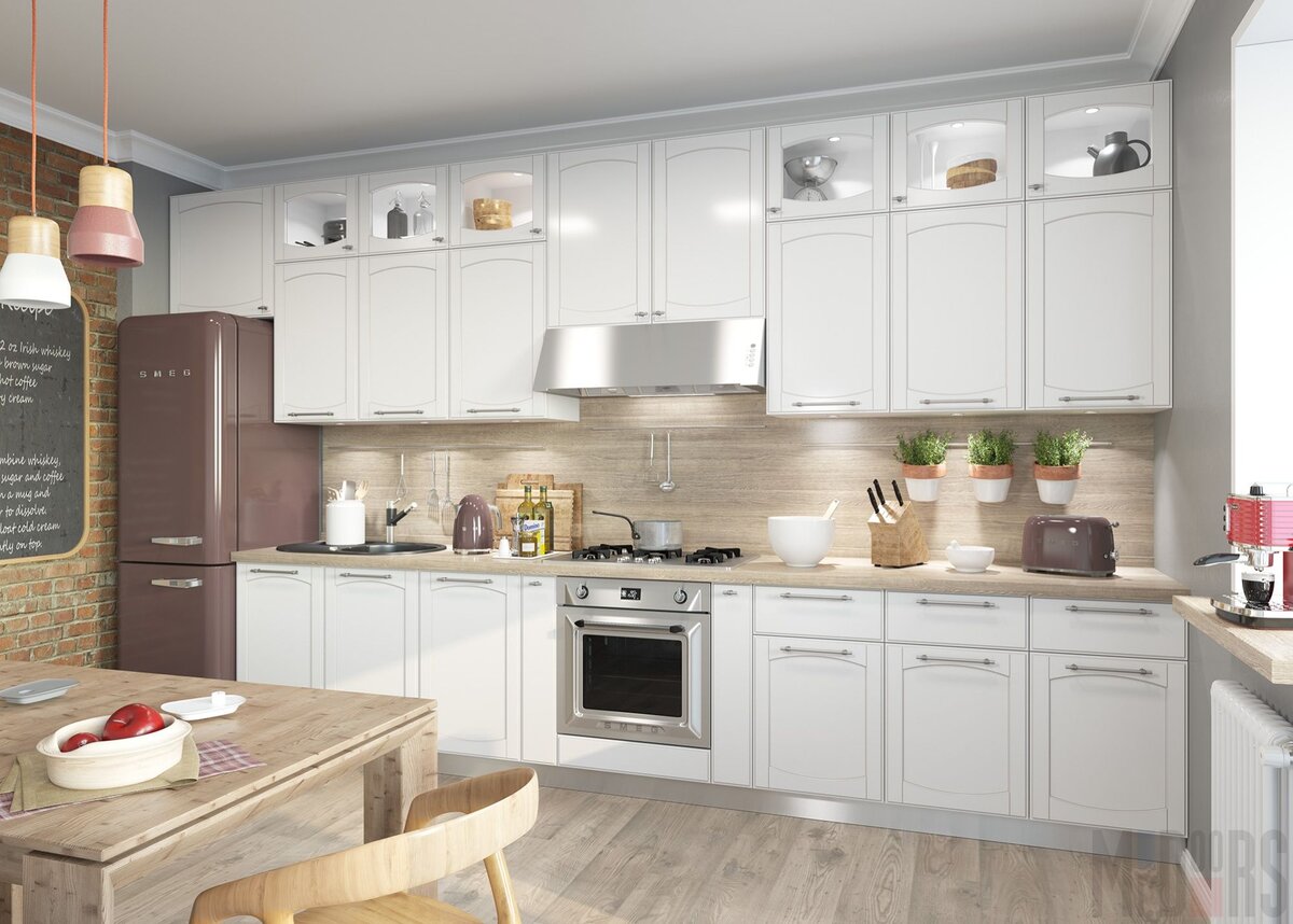 Тут всё просто: мебель и бытовая техника выстраиваются вдоль одной стены. Рабочий треугольник превращается в рабочую прямую — все перемещения происходят параллельно мебели: с одного края обычно устанавливается мойка, с другого — холодильник, а плита с духовкой занимают позицию в центре.