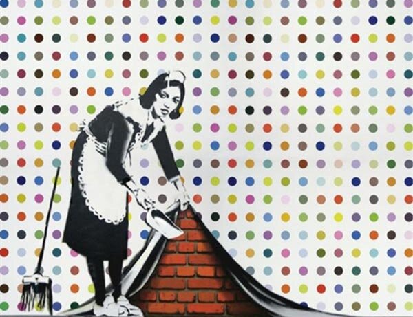БЭНКСИ А давайте-ка без точек. 2007. Холст, баллонная краска. 214 × 305Sotheby’s. 14.02.2008. 
Цена продажи: $1 870 000. 
Источник: artinvestment.ru