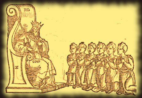 Символическое изображение золота (король) и шести остальных металлов, известных алхимикам (Венеция, 1547)