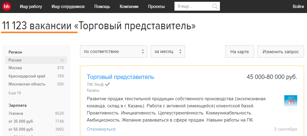 Мы не нашли свежей статистики, сколько в России торговых представителей, но это одна из самых востребованных профессий. На HeadHunter их ищут в 2,5 раза чаще, чем дизайнеров 