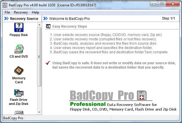 Программа BadCopy Pro. Страница выбора источника восстановления информации.