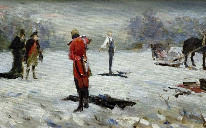 
Дуэль. А. С. Кириллова, 2000 г. | Фото: artcyclopedia.ru.
В начале XIX века в Великобритании два джентльмена повздорили и, как водилось, вызвали друг друга на дуэль. Одним из дуэлянтов был граф Генри Барри, а второй Хамфри Ховарт – член британского парламента (в прошлом военный врач). Ховарт, памятуя о том, что инфекции проникают в организм через раны из-за грязной одежды, предстал перед оппонентом, в чем мать родила. Генри Барри, аристократ до кончиков пальцев, был невероятно смущен зрелищем голого мужчины и отменил дуэль. В итоге оба джентльмена остались живы.