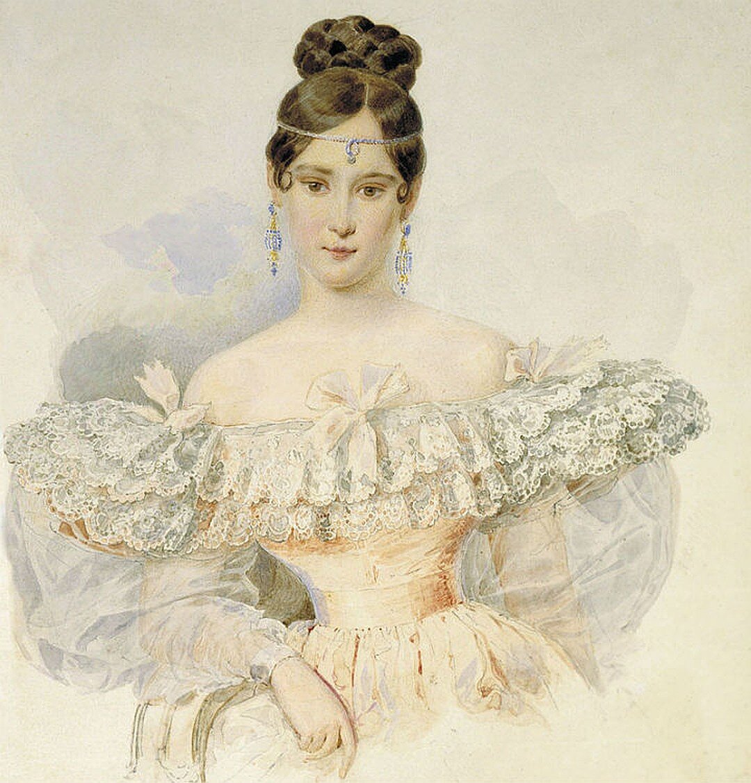 Наталья Николаевна Гончарова (1812-1863), жена Александра Сергеевича Пушкина; этот её самый известный акварельный портрет сделан Александром Брюлловым (старшим братом Карла) в 1831 году, через полгода после свадьбы, когда 19-летняя Натали была беременна первой дочкой Машей.