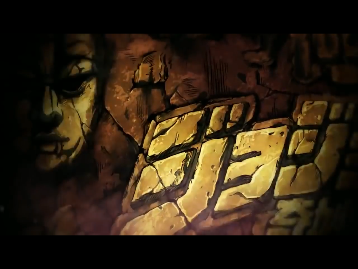 Каменная маска и надпись «Невероятные приключения ДжоДжо» на камне. Все скриншоты взяты с видео, указанного выше. Видео не мое.