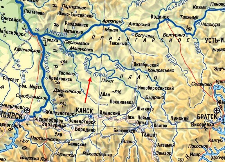Бирюса на физической карте России.