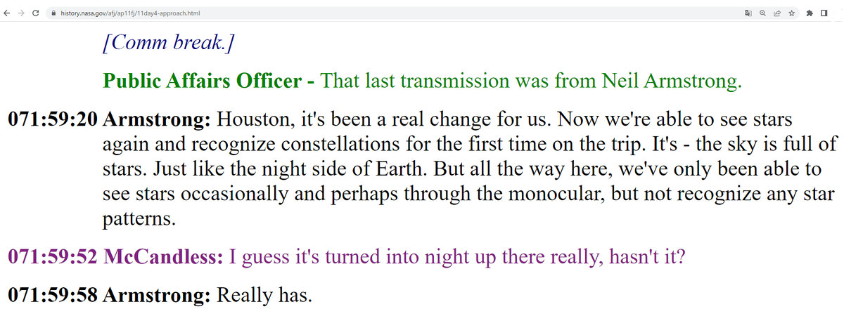 Фрагмент переговоров Аполлона 11. Скриншот сайта НАСА