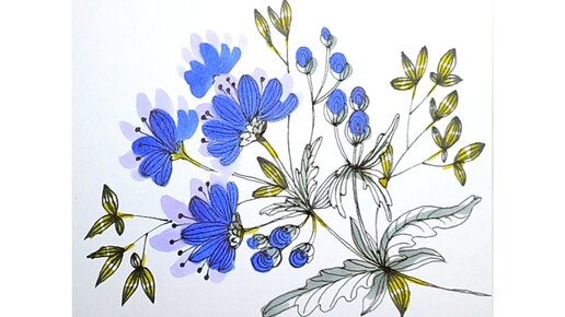 🌿🩵Изящные синие цветы, нарисованные маркерами и черным линером.