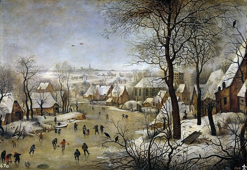 Питер Брейгель Младший «Зимний пейзаж с ловушкой для птиц» 1601; дерево, масло. 40х57 см; музей Прадо, Мадрид, Испания.