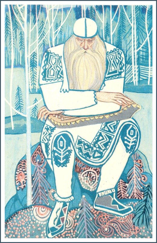 Например, на этой картине Вяйнямёйнен сидит на камне, покрытом узором лишайников