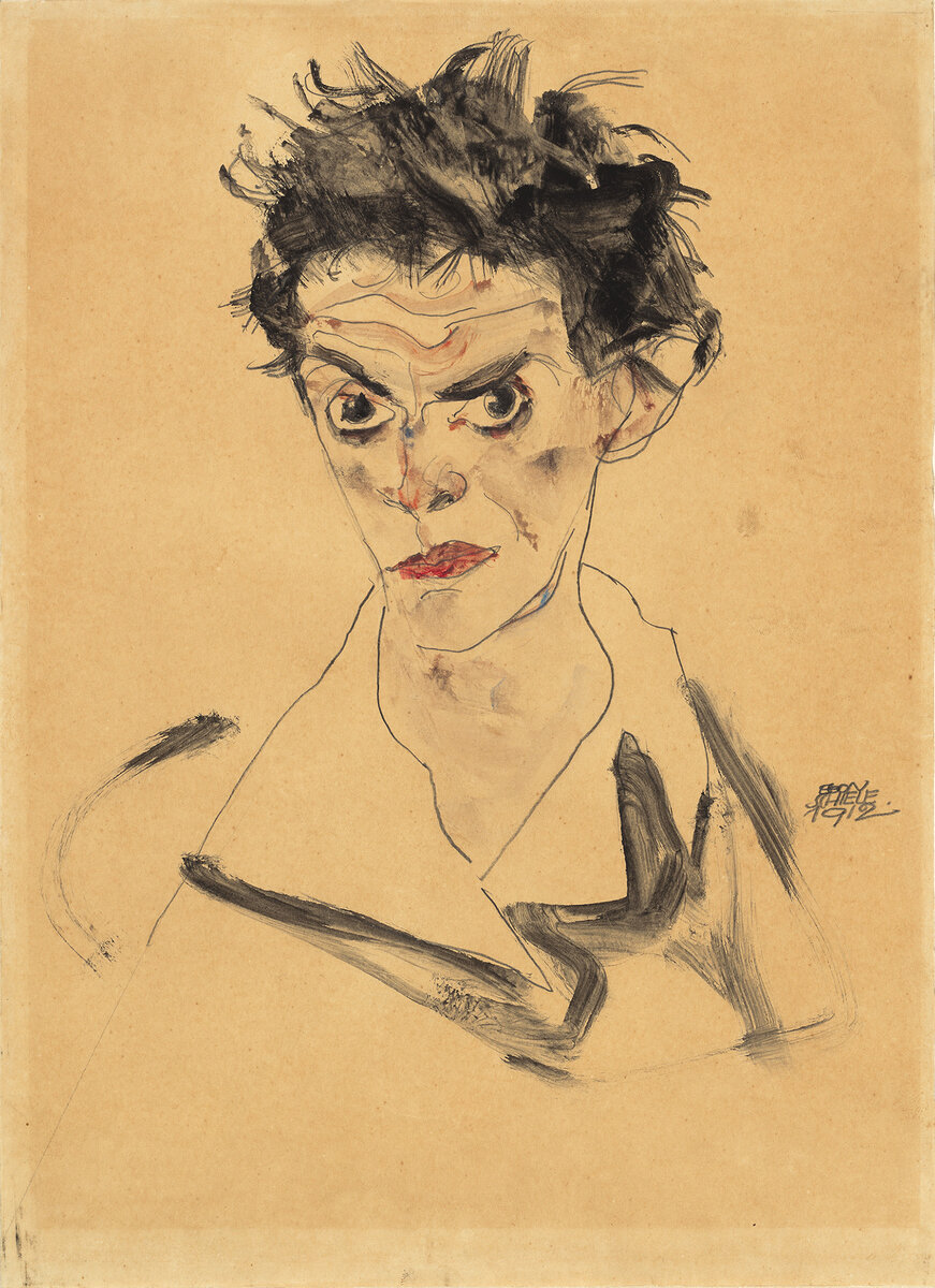 Egon Schiele, Selbstbildis (Autoportrait), 1912. Aquarelle et mine de plomb sur papier dessin japonais. National Gallery of Art, Washington. Donation de Hildegard Bachert à la mémoire d'Otto Kallir, 1997. Image : Avec l'aimable autorisation de la National Gallery of Art, Washington.