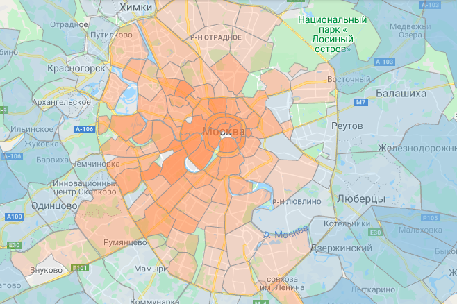 Тепловая карта районов Москвы по цене за квадратный метр от Realiste