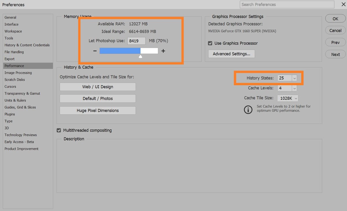    Уменьшите память, которую берёт Photoshop под свои задачи, до 60-70%. В шагах истории поставьте число от 15 до 30. Это то, сколько последних действий запоминает программа / Иллюстрация: Елизавета Чечевица