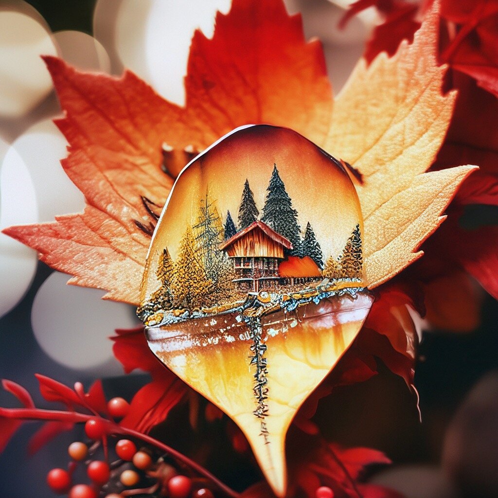 двойная экспозиция крошечный таинственный уютный осенний bejeweled сад на красном кленовом листе в стиле tribal art, ажурно, intricate details, эстетично, красиво, магия, шедевр, golden leaf lines, wash painting, watercolor, Korean ink, янтарь слоновая кость мрамор