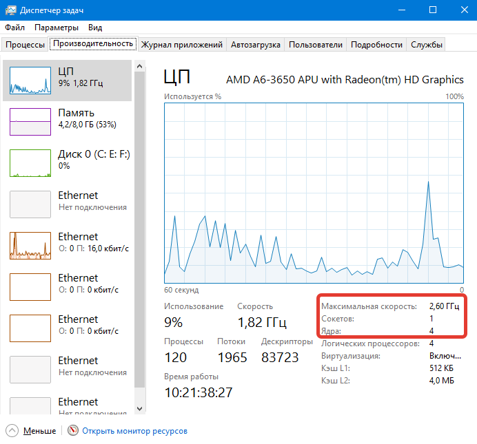 Как узнать количество ядер и частоту процессора компьютера в Windows 10?