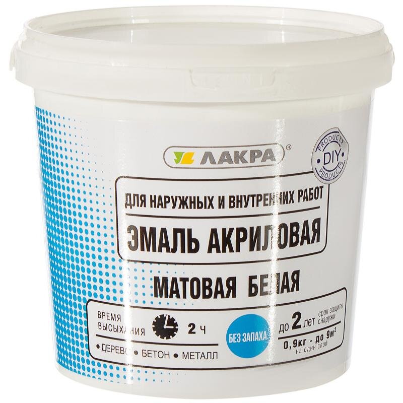 пример белой акриловой эмали от фабрики ЛАКРА - цена от 120р за 0,9 литра