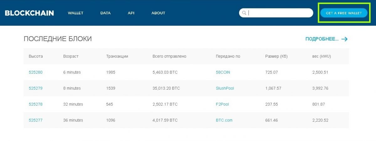 Итак. Заходим на сайтBlockchain.info.
Жмем GET A FREE WALLET
