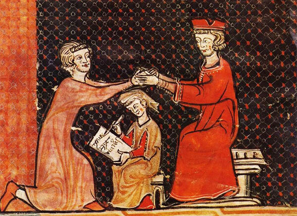 Миниатюра. Изображение «оммажа» — вассальной присяги Средневековья