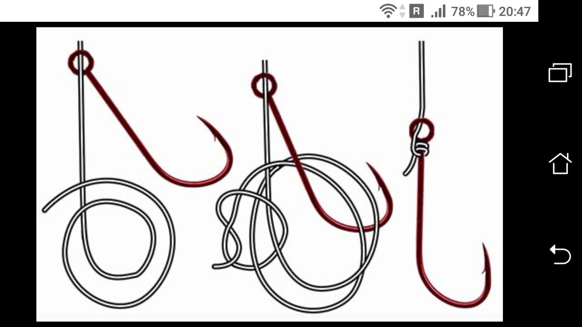 фото как вязать простой узел на цевье рыболовного крючка