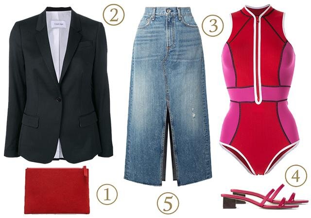 Косметичка Mango, 799 руб. 2. Жакет Calvin Klein, 13 472 руб. 3. Купальник для серфинга Duskii, 7349 руб. 4. Босоножки Zara, 2299 руб. 5. Юбка RAG & BONE, 18 732 руб.
