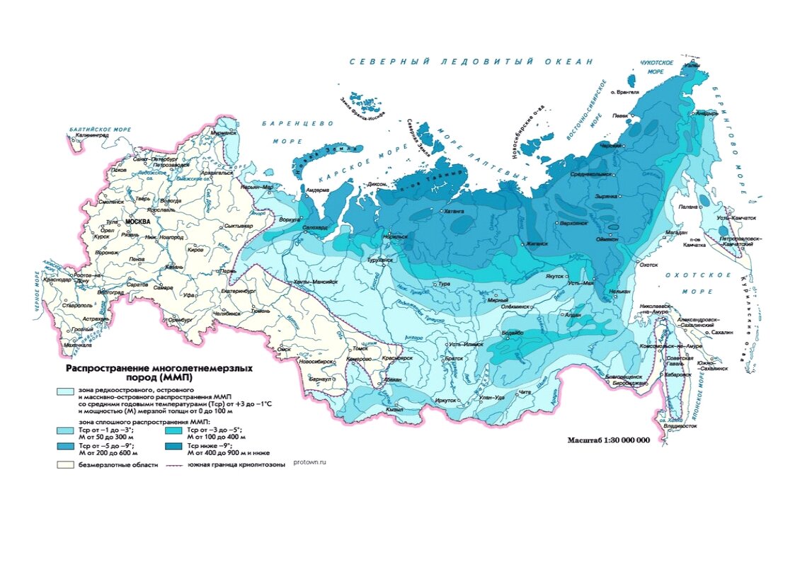 Карта распространения многолетней мерзлоты на территории россии