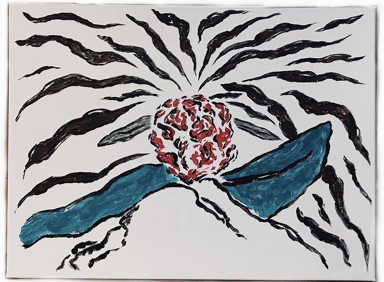 «Добрые дела» 
Талибова Ксения
IG: talib.lib.lib
30х40, холст, акрильчик, 2021

Делая такие добрые дела честно и полноотдаваясь, кажется, мы мощно раскрываемся и приобретаем свой цвет, свой тип вещества. 
Я думаю, что женщина ищет в этом добром деле возможность стать хаосом, взрывом, электричеством, дающим заряд всему. Она как бы заводит квёлую сердечную мышцу и начинает новый жизнецикл для себя и того, кто ее касается. 
Мужчина же, видимо, ищет спокойствия и подтверждения всего своего внутреннего распорядка жизни и завтрашнего дня.
Я даже рисовала доброе дело к нему, как будто убеждаясь у холстика, что именно тут сейчас будет оптимальное место опустить кисточку. Чтобы потом как следует насытить движение краской, дать ей просочить поверхность, с каждым новым мазком чувствовать себя увереннее, сильнее и на клёвом. Посмотрите, как он сунул руку под подушку, ну.
Добрые дела делаются там, где из хаоса постоянно, то тише, то громче, создаётся идея, структура и спокойствие, которые опять этот хаос провоцируют, как будто приводят его туда, где можно расслабиться, говорят «давай, все нормально тут, спокойно, взрывайся».
Если оно так и происходит легко-здорОво, запускается новый добродельческий цикл, но уже другого качества. И всем хорошо, и лучше.
