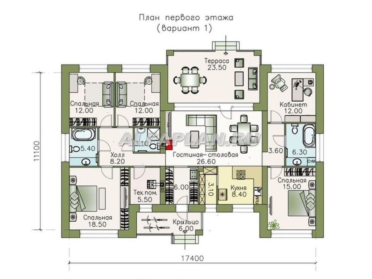 2. Планировна дома по проекту "Ангара" 630А, вариант с кабинетом вместо сауны